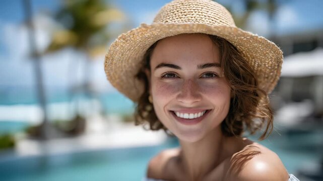 Medium shot of woman smiling at camera, straw hat shading her face, sitting by infinity pool overlooking turquoise ocean, palm trees swaying in background, luxury resort and relaxa