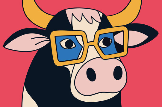 Cow with glasses on bright pink background