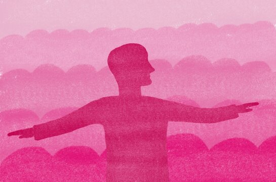 Open arms silhouette in pink clouds symbolizing acceptance