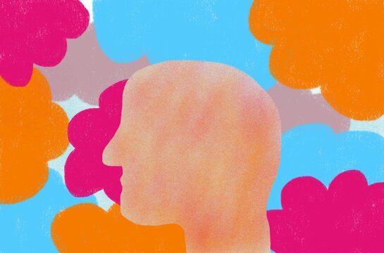 Abstract head silhouette in colorful clouds, lost in thought