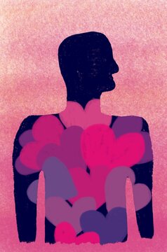Silhouette filled with hearts expressing overwhelmed emotion
