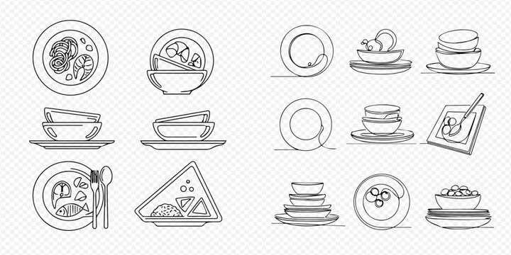 Set of various line art illustrations depicting different types of dishes, bowls, and plates, some with food, in a continuous line style.