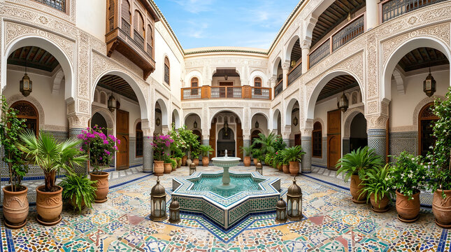 Moroccan riad courtyard with fountain and potted plants