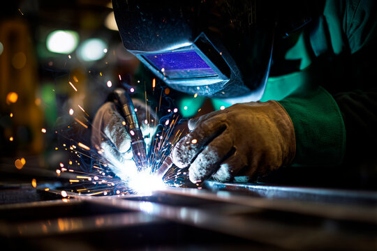 Welder creating bright arc weld sparks in metal workshop