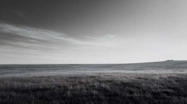 horizon line acting as a visual balance between land and sky with natural elements evenly distributed as the main subject + expansive open terrain with minimal distractions + gentle gradient daylight 
