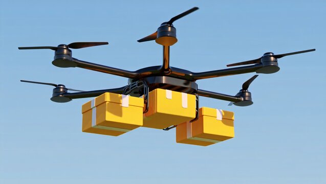 Professional hexacopter delivery drone carrying multiple yellow parcels or packages.
