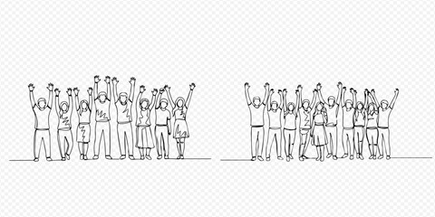 Naklejka premium Continuous line drawing of diverse people group raising hands in celebration or protest.