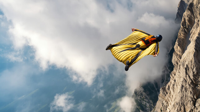 Extreme Skydiving in Wingsuit: Thrill of High Altitude Adventure Against Mountain & Cloud Landscape
