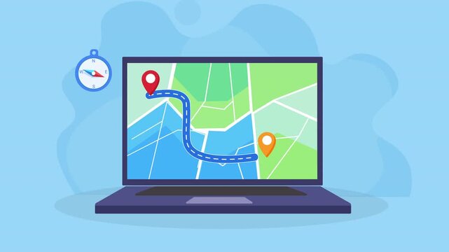 Animated video of a laptop displaying GPS delivery route map with navigation path, location pins, and clock icon. Represents real time tracking, logistics monitoring, and shipment navigation system.