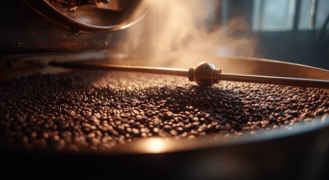 Close-up of Freshly Roasted Coffee Beans Tumbling in a Roaster with Steam Rising.