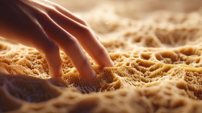 A hand gently touches an intricate, textured surface resembling a natural or organic pattern in warm, soft lighting, Living Materials AI technology