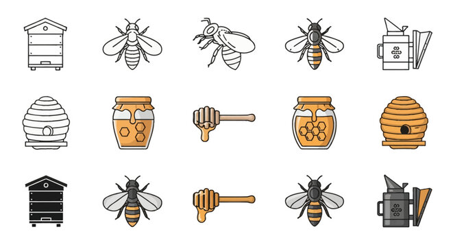 Set of beekeeping and honey icons featuring wooden beehives, traditional skeps, honey bees, jars of honey, honey dippers, and smokers in line art, flat color, and silhouette styles.
