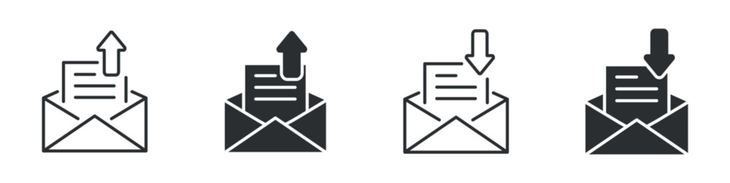 Email Upload and Download Icon Set, Message Sending and Receiving Concept, Mail Transfer Symbols, Vector Illustration
