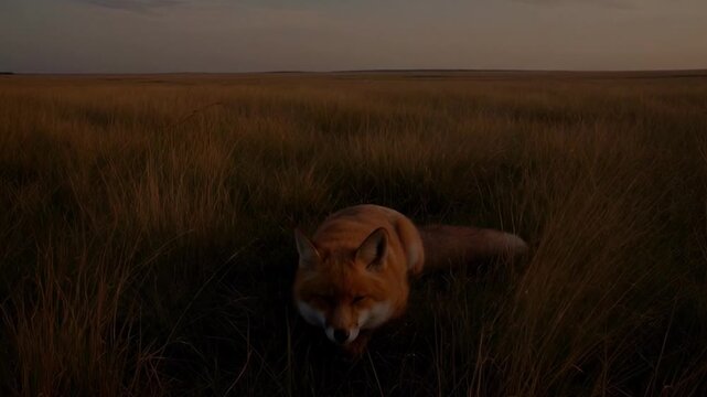 Fox running through tall grass during golden hour sunlight outdoors