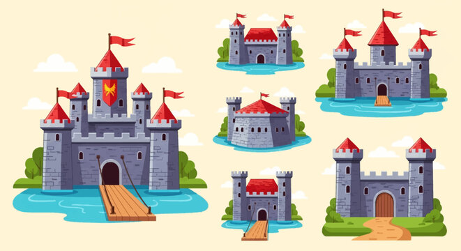 A collection of stylized medieval castle vector illustrations featuring grey stone fortresses with red peaked roofs, flags, towers, drawbridges over water, and green foliage.