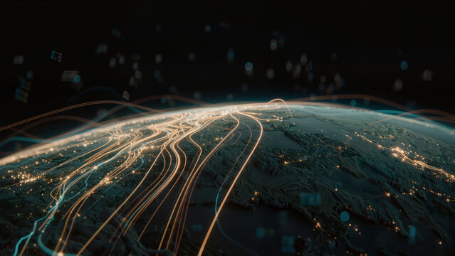 Abstract Global Technology Background with Glowing Digital Light Trails and Golden Energy Paths on Dark Earth Surface, Professional Futuristic Connectivity and Big Data Concept for Copy Space