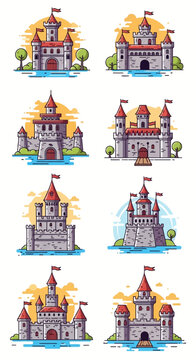 Collection of eight medieval castle icons featuring stone towers, red turrets, flags, and battlements with sunset backgrounds and water moats in a flat vector line art style.