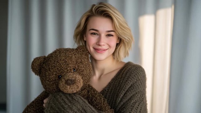 Playful lifestyle image of a cheerful blonde woman standing in a bright room, lifting and hugging a large brown teddy bear, chunky knit sweater draping naturally, soft shadows and