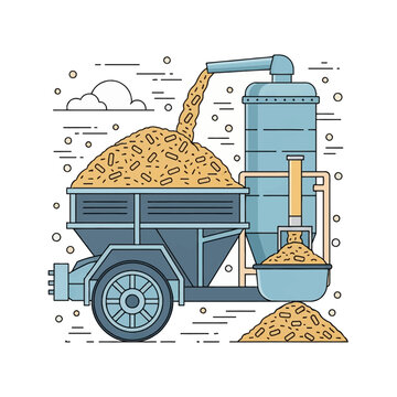 Vector illustration of an agricultural feed pelleting machine with a storage silo and a trailer hopper filled with dry animal fodder pellets for cattle and livestock nutrition.