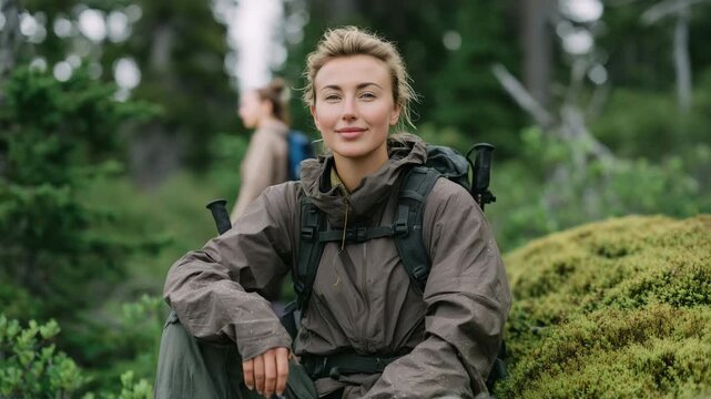 Realistic documentary-style image of a woman with trekking poles set aside, sitting on a lush mossy log in fog-draped forest scenery, condensation visible on her jacket, layered ba
