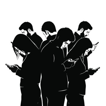 People Using Smartphones Silhouette, Social Media Addiction and Digital Connection Concept