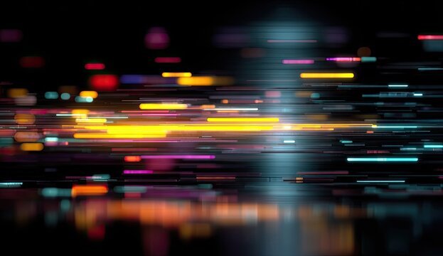 A vibrant abstract image showcases blurred streaks of colorful light against a dark background, creating a dynamic and energetic visual effect.
