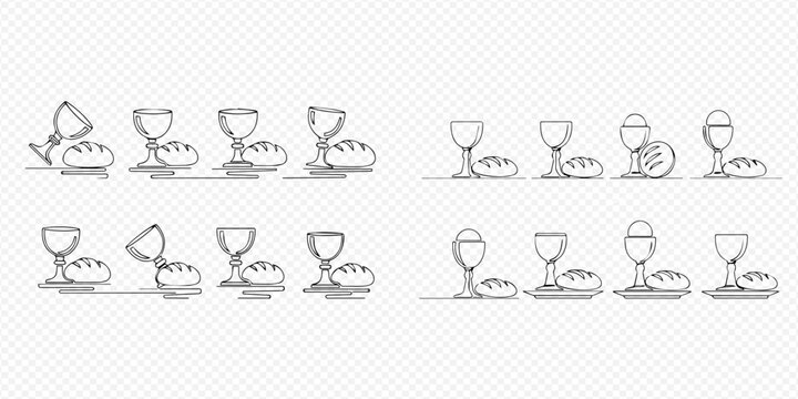 Set of holy communion icons with chalice and bread, symbolizing Christian faith and sacrament.
