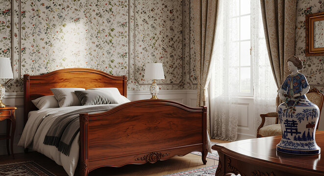 Ethereal Cherrywood Cobalt Centered Biedermeier Bedroom Maximalist Rendering
