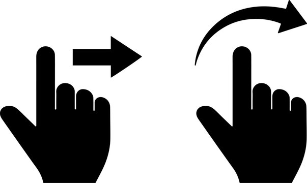 Vector illustration of common touch screen gestures featuring a hand swiping right and another hand indicating a scroll or refresh action for user interface design.