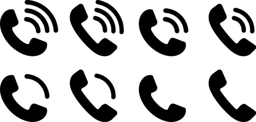 Obraz premium Minimalist vector graphic set showing multiple telephone icons with varying signal strength levels for modern user interface design elements in a clean and simple black style