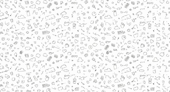 Monochrome Random Objects Pattern - A Dense and Intricate Design.