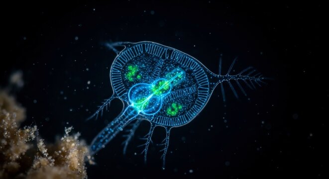 Bioluminescent Plankton Glowing in the Deep Ocean Darkness.