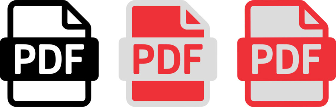 Three different colorful pdf file format icons presented as a clean vector graphic design set suitable for website buttons or professional document management software applications