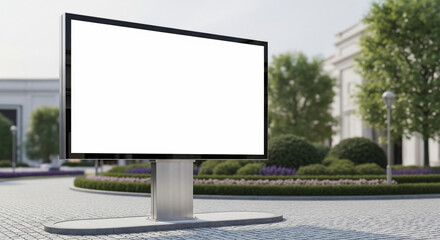 Obraz premium Urban Sidewalk Billboard Mockup on Modern Building Facade for Retail Marketing 