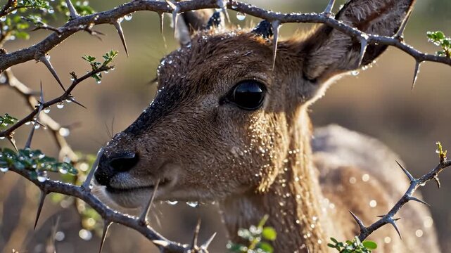 Shy Dikdik Peeks from Thorny Bush