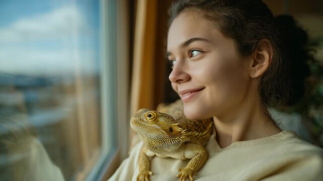 Side-angle cinematic view of woman with bearded dragon resting on her shoulder, relaxed posture, sunlight highlighting scales and hair, contemporary living room in soft-focus backg