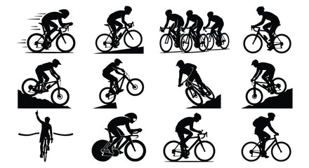 Fototapeta premium Cycling silhouette collection, professional road bike and mountain bike icons, set of 12 black vector illustrations for sports competition and outdoor recreation