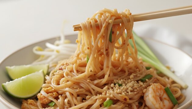 Delicious Pad Thai noodles with shrimp, peanuts, and lime being lifted by chopsticks