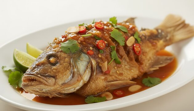 Delicious whole fried fish covered in spicy chili sauce with fresh lime slices