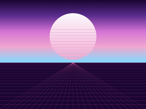 80s Retrowave Sun Horizon Perspective Grid Poster Art