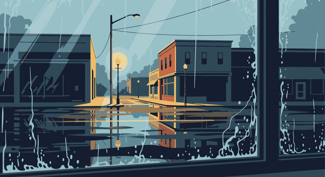 Rainy day in a small town street with reflections in puddles and a warm glow from streetlights