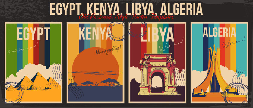 Egypt, Kenya, Libya, Algeria African Countries Main Attractions Postcard Set. Retro Postcards Style Illustrations. 1970s Color Lines, Aged Paper Textures