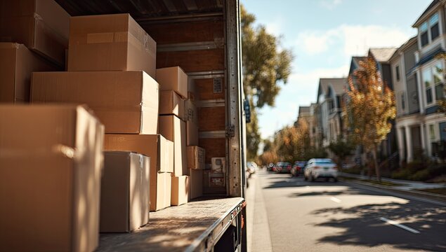 Moving Day Boxes Loaded in Truck on Residential Street.