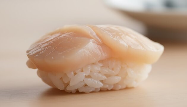 Freshly prepared hotate nigiri sushi highlighting tender white scallop slices on seasoned rice
