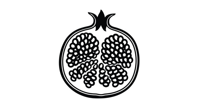 A black and white illustration of a sliced pomegranate with seeds