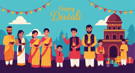 Obraz premium Family in traditional clothes celebrating Diwali festival with lit oil lamps