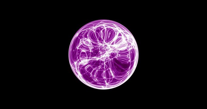 Seamless loop. An abstract luminous sphere demonstrates the dynamic motion of particles moving in a circle. The internal structure of many intertwining lines and dots alternately disintegrates and ref