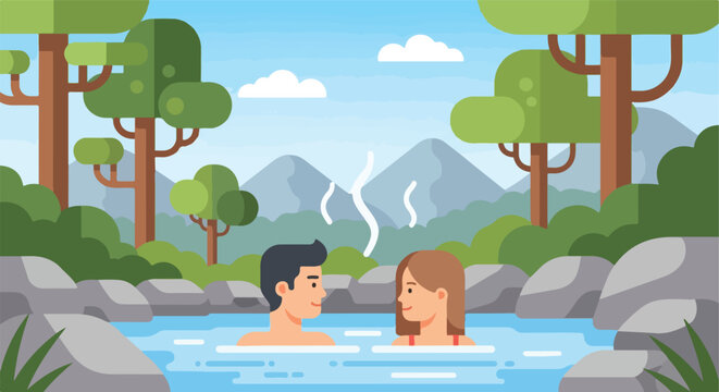 Couple relaxing in a natural hot spring surrounded by trees and mountains