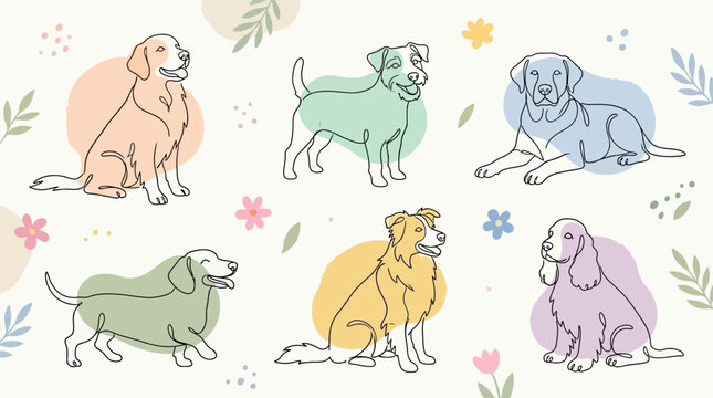 Colorful dogs in different poses.