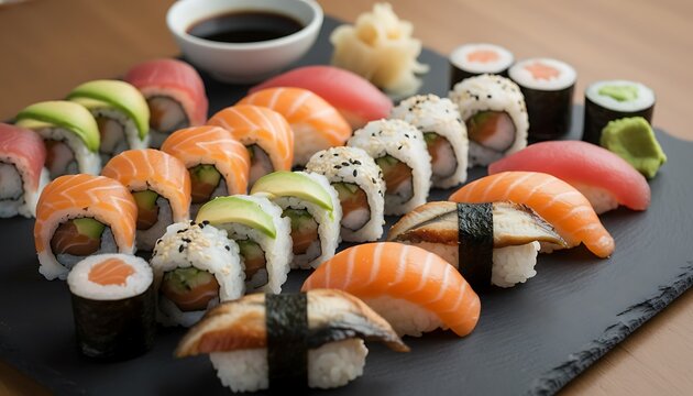 Generous array of diverse sushi types including nigiri, maki, and uramaki on dark slate